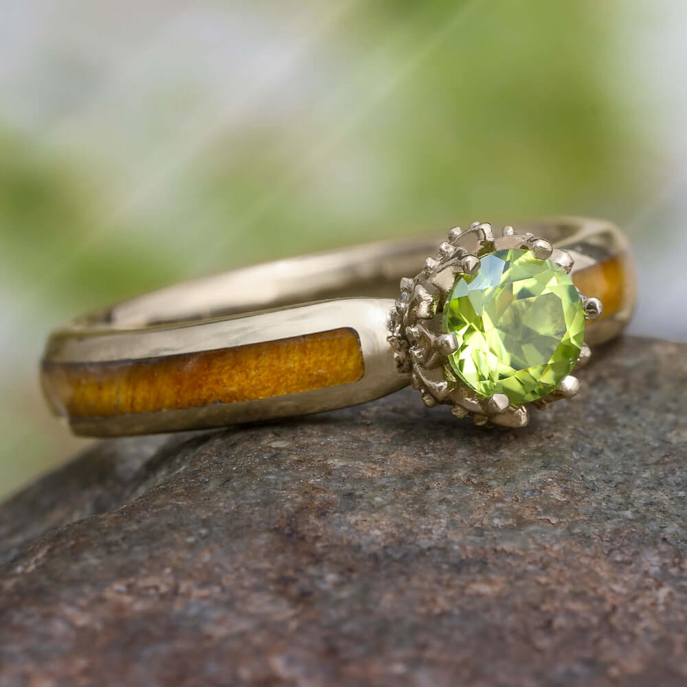 Peridot Engagement Ring with Diamond Lotus and Black Ash Burl - Jewelry by Johan