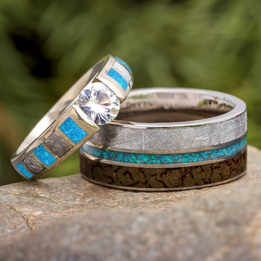 Opal and Meteorite Wedding Ring Set