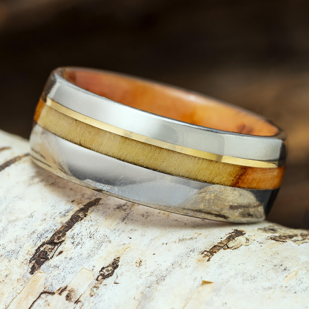 Titanium and Flame Box Elder Wood Wedding Band with Gold Pinstripe