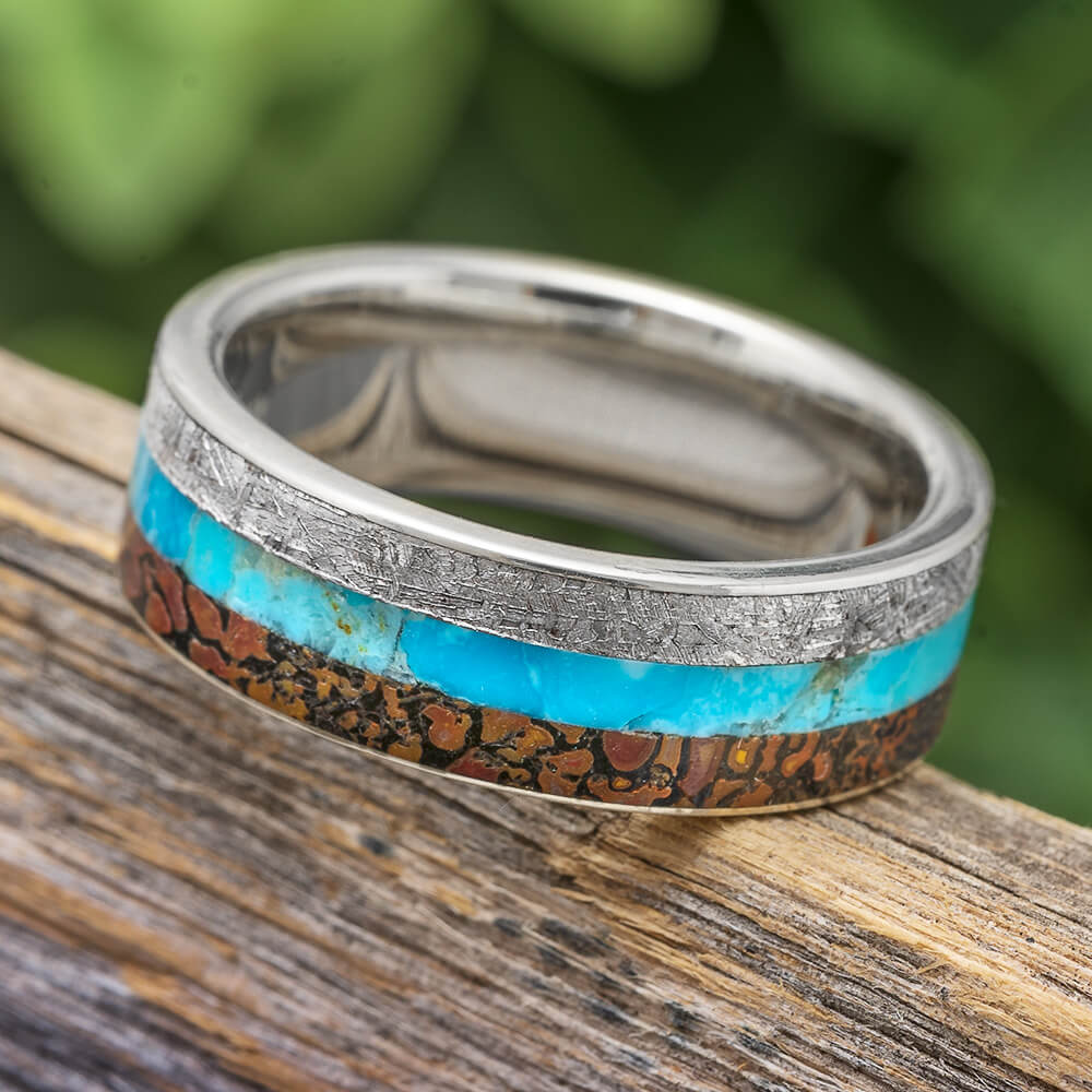 Meteorite and Titanium Wedding Band with Turquoise