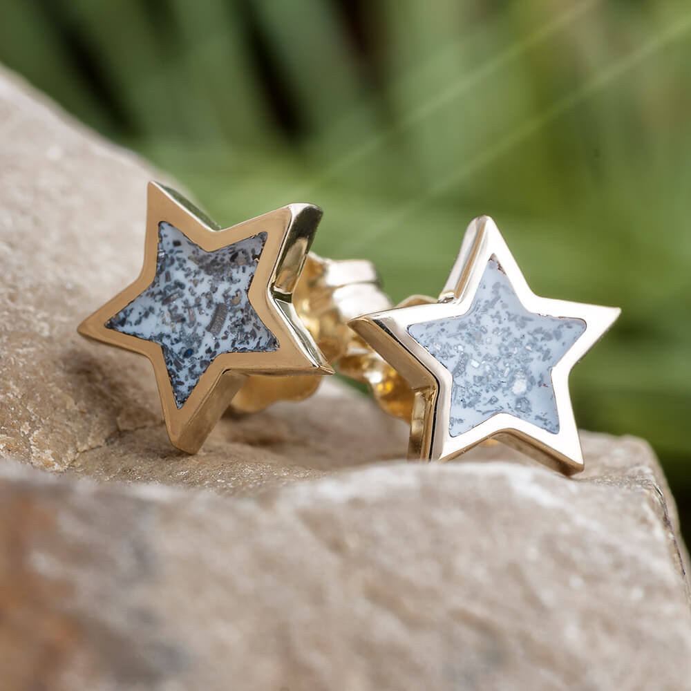 Yellow Gold Star Earrings with Meteorite