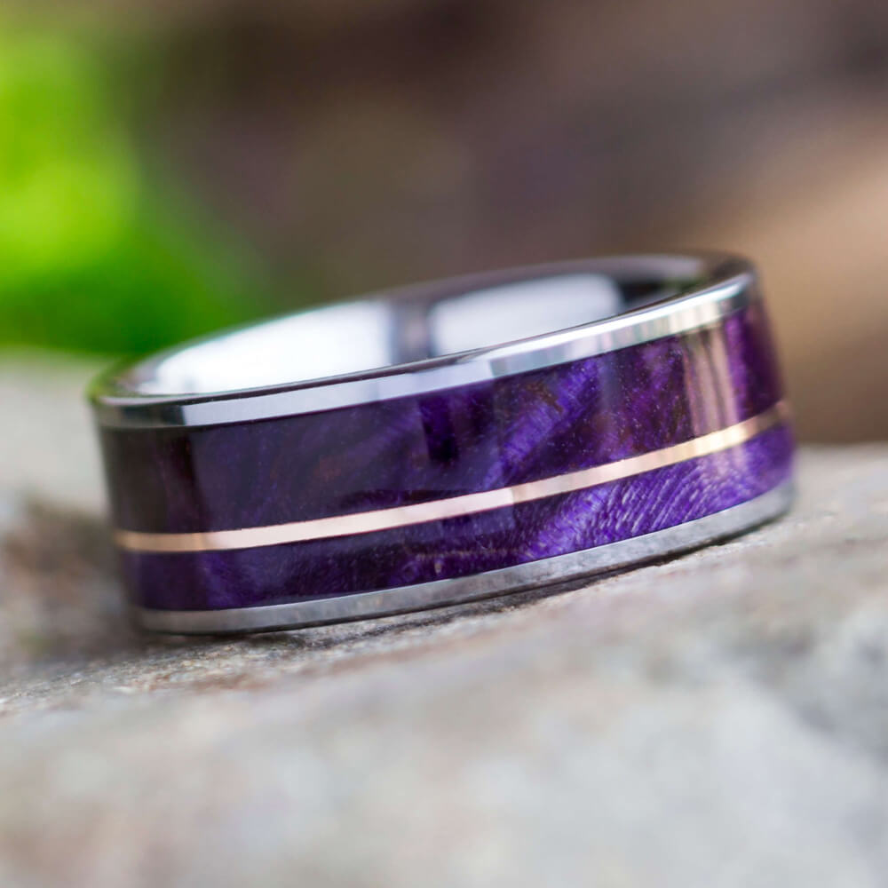 Purple Box Elder Burl Wood Wedding Band with Rose Gold Pinstripe