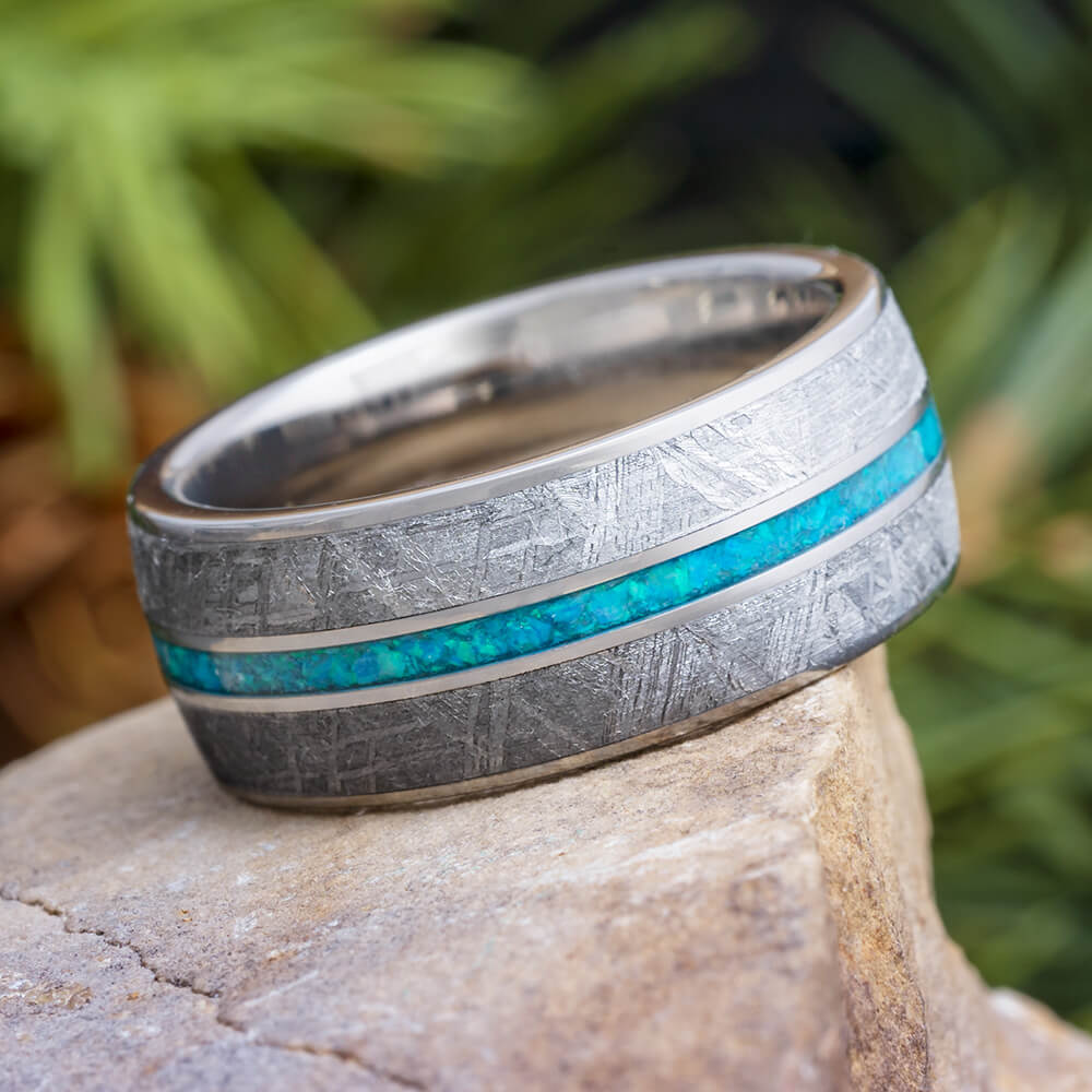 Meteorite and Synthetic Opal Wedding Band