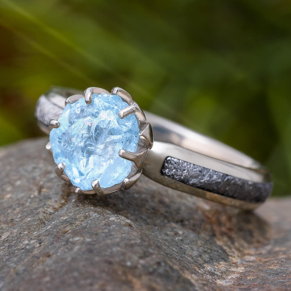 Rough Aquamarine Engagement Ring With Meteorite in White Gold