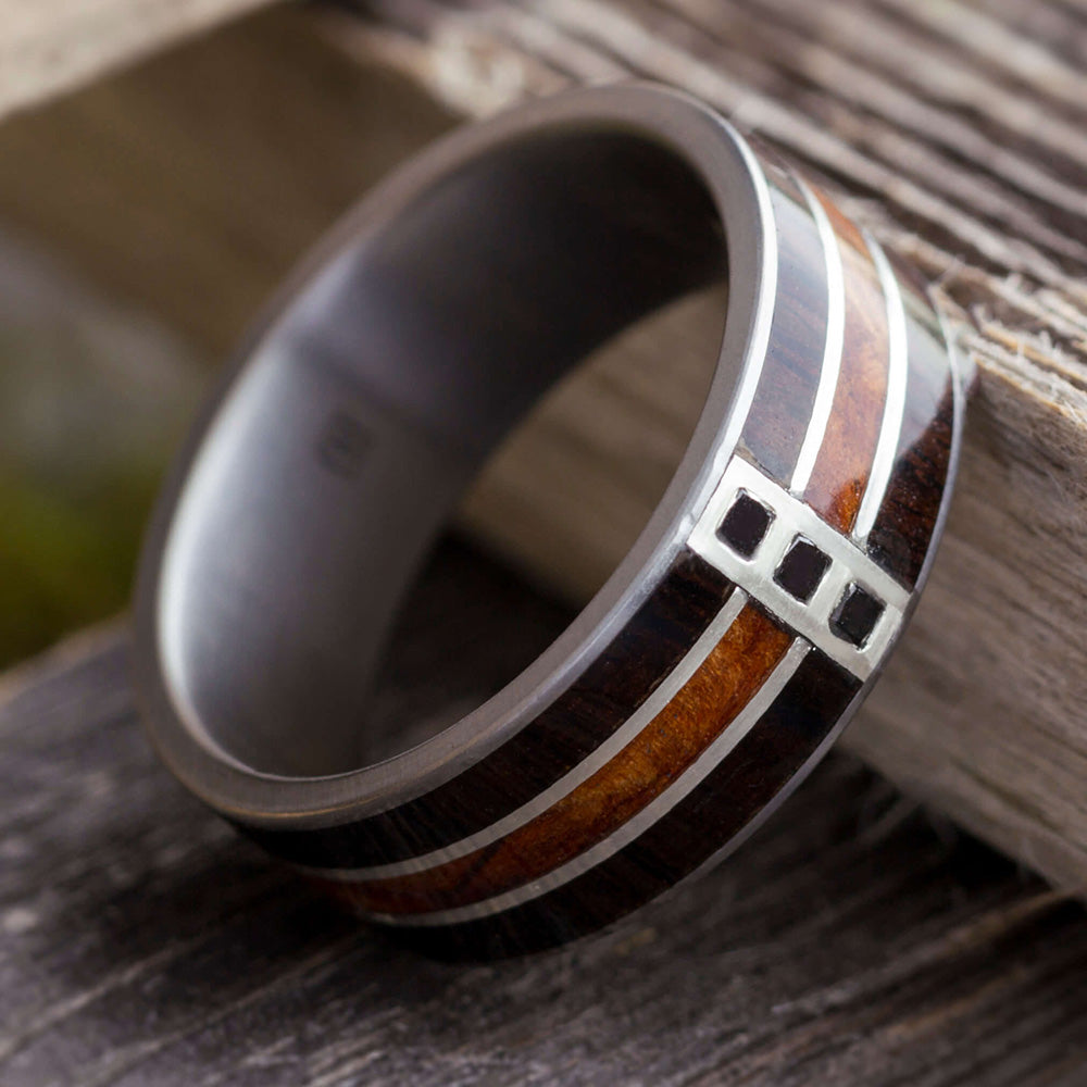 Three Stone Wedding Band with Exotic Wood