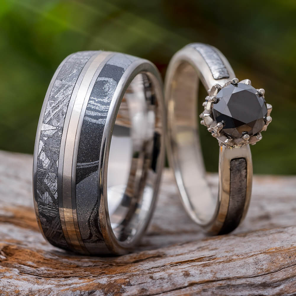 Black Diamond & Meteorite Ring Set  Jewelry by Johan - Jewelry by Johan
