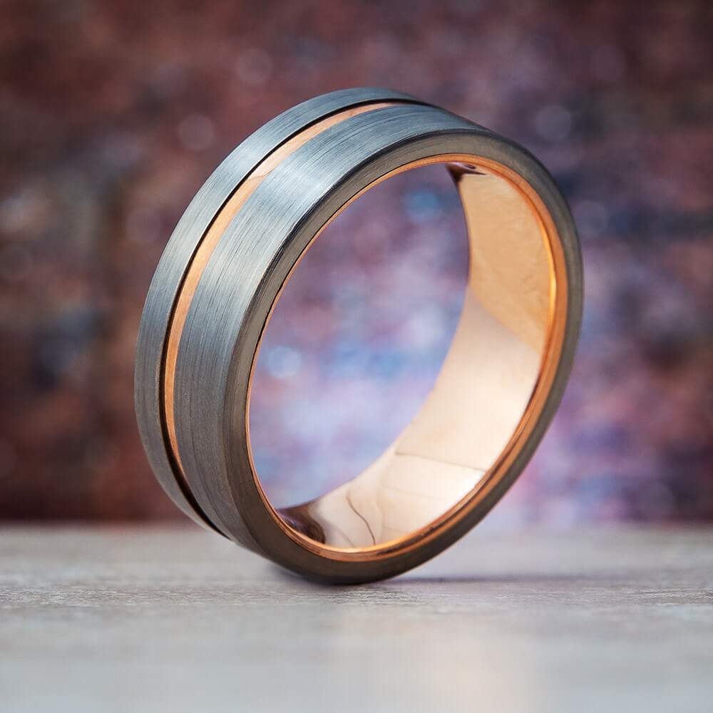 8 mm Mens Wedding Bands - Black Tungsten, with Rose Gold - J095RBC