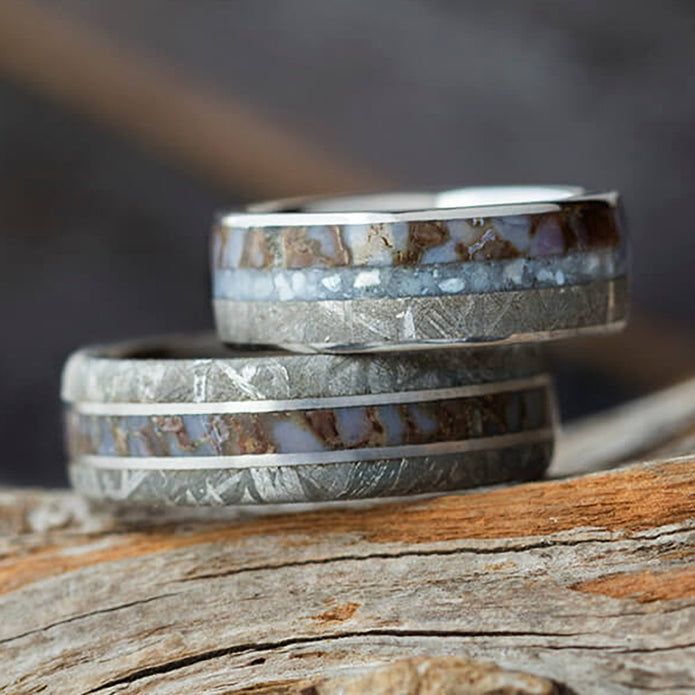 Meteorite Wedding Band Set with Dinosaur Bone Jewelry By Johan