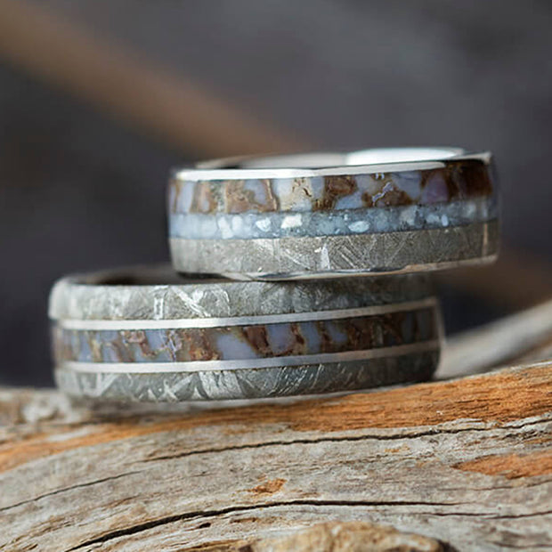 Matching His and Hers Wedding Band Set With Meteorite and Dinosaur Bone