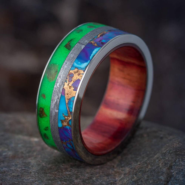 Glow in the Dark Dinosaur Bone Ring with Meteorite and Turquoise-3746 - Jewelry by Johan