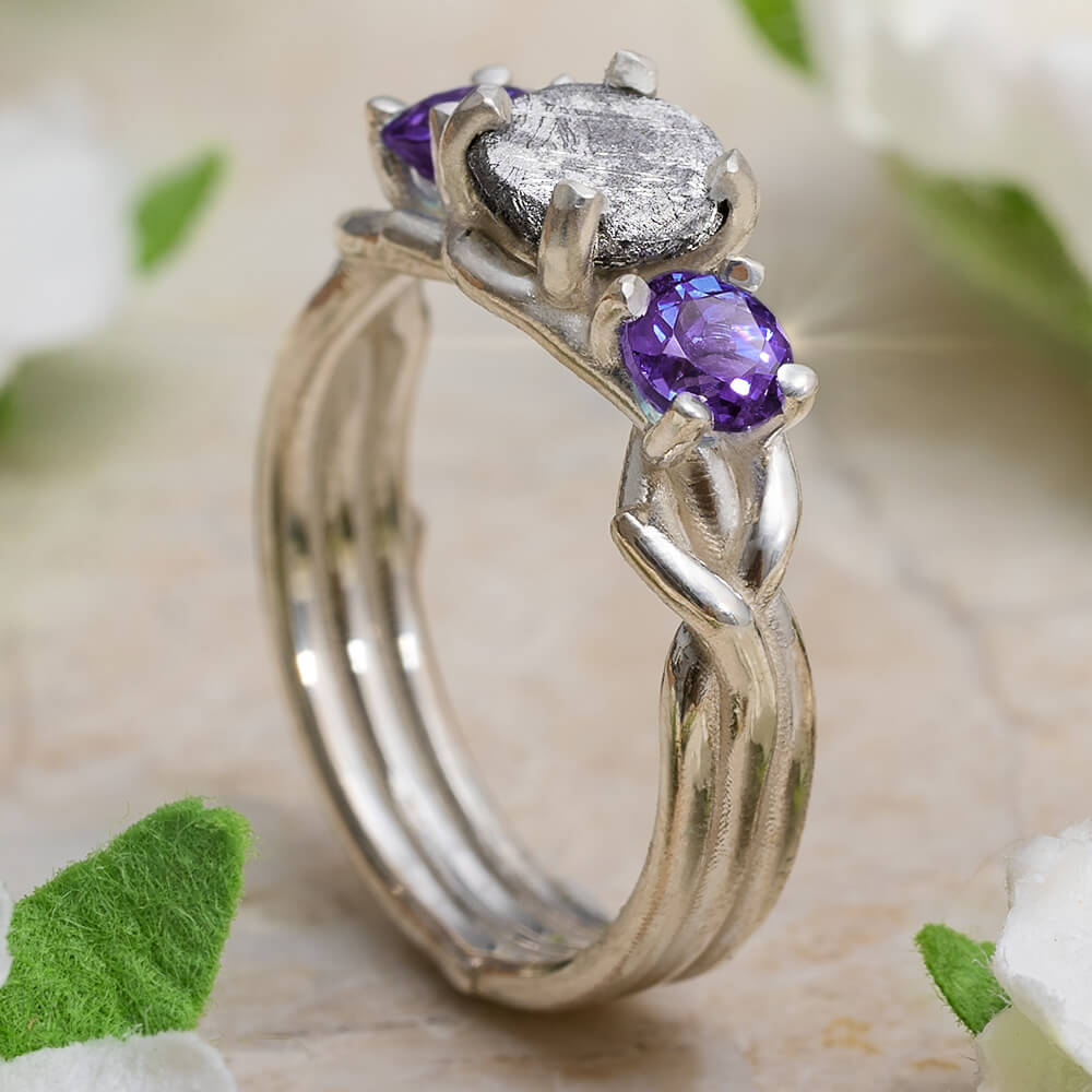 Teardrop Purple Amethyst Bridal 3 Ring Set- Pear Dark Purple Wedding Ring  Set-Halo Engagement Ring w/2 Wedding Band-February Birthstone Ring