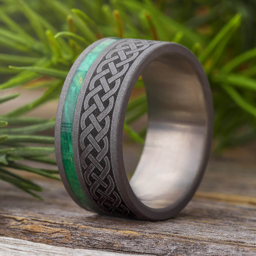 Green Wood Ring, Sandblasted Titanium Wedding Band With Celtic Knot Engraving-3770 - Jewelry by Johan