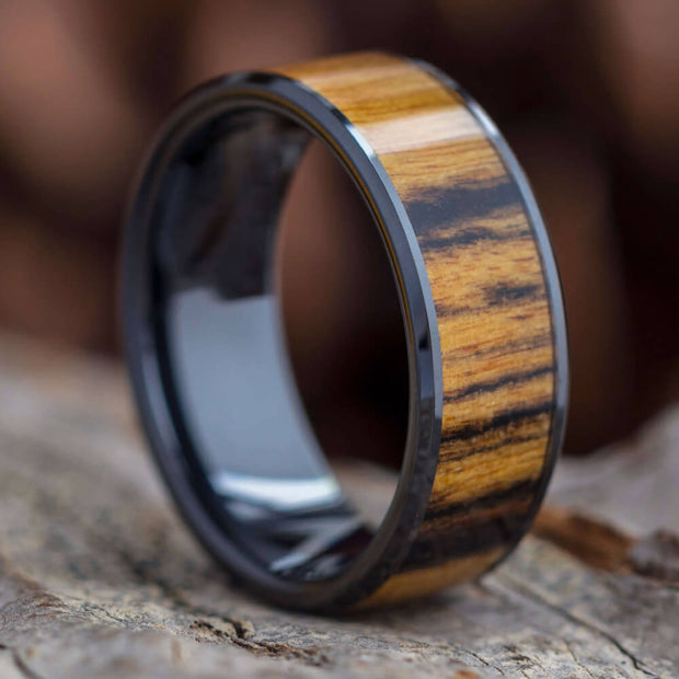 Exotic Wood Wedding Band in Black Ceramic
