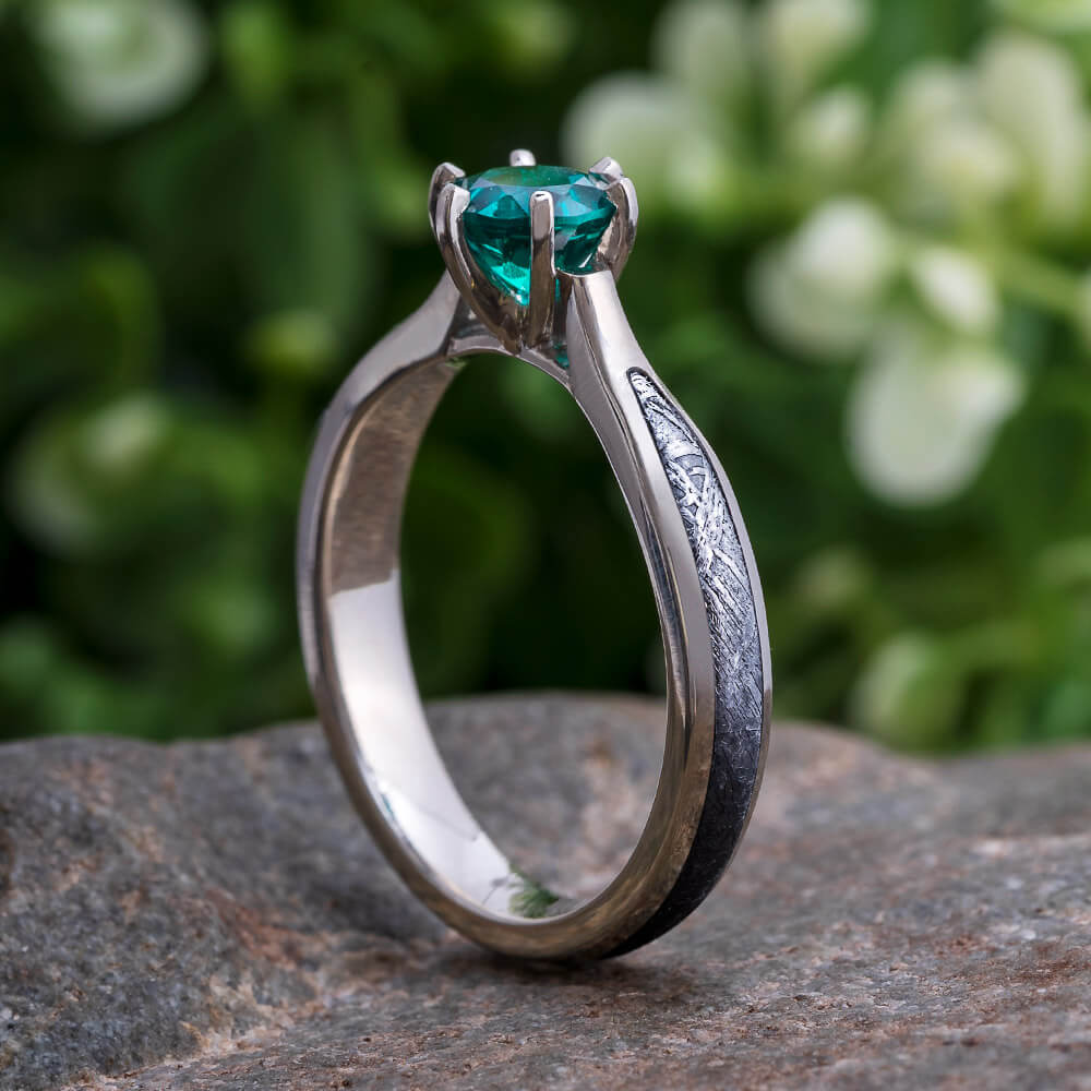 Emerald Engagement Ring, Gibeon Meteorite Ring in White Gold-3791 - Jewelry by Johan
