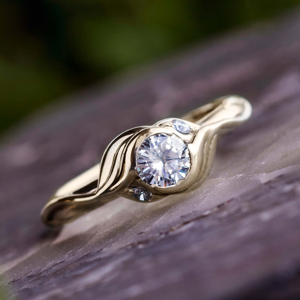Three Stone Engagement Ring with Leaf Pattern | Jewelry by Johan