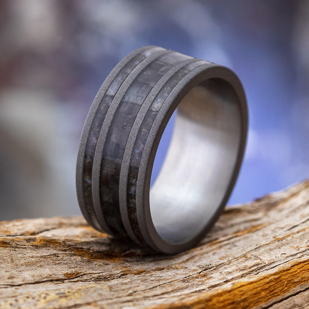 Carbon Fiber Wedding Band with Crushed Dinosaur Bone-3840 - Jewelry by Johan