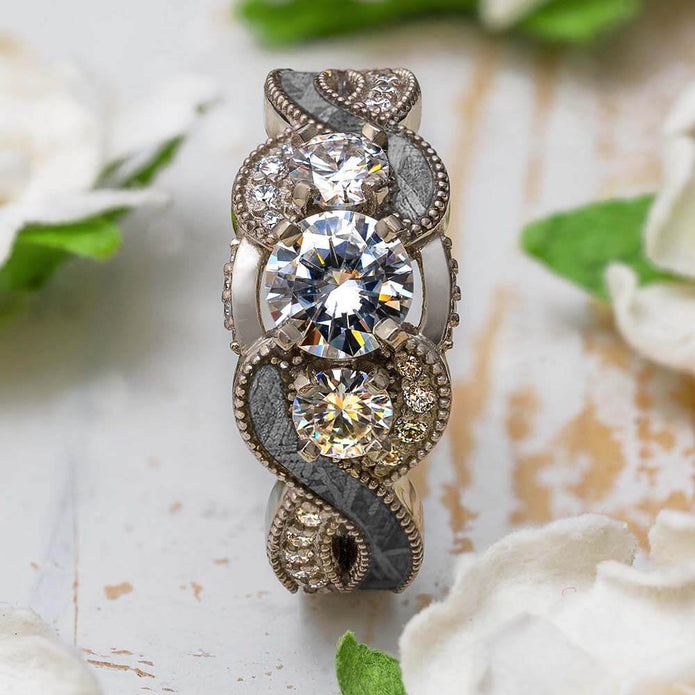 Three Stone Engagement Ring with Meteorite Jewelry By Johan