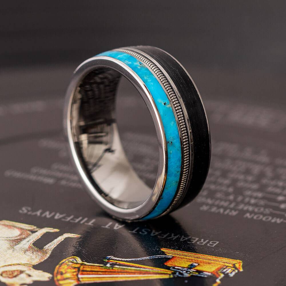 Vinyl Record Ring with Guitar String and Turquoise-3886 - Jewelry by Johan