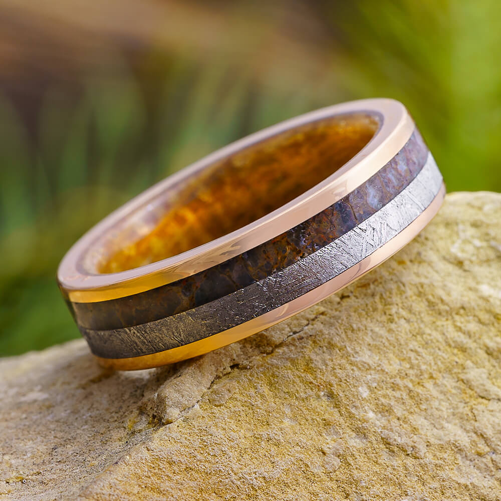 Meteorite and Dinosaur Bone Wedding Band with Whiskey Barrel Oak