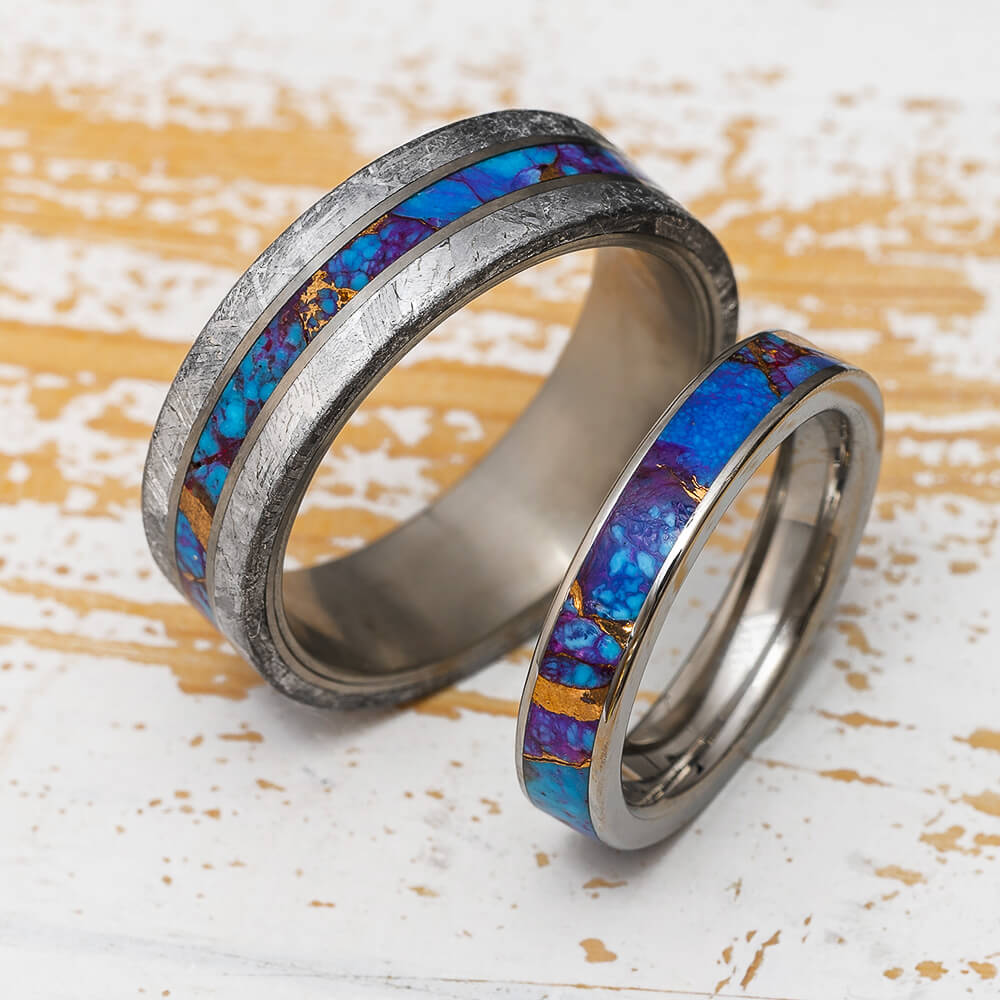 Meteorite and Purple Wedding Ring Set