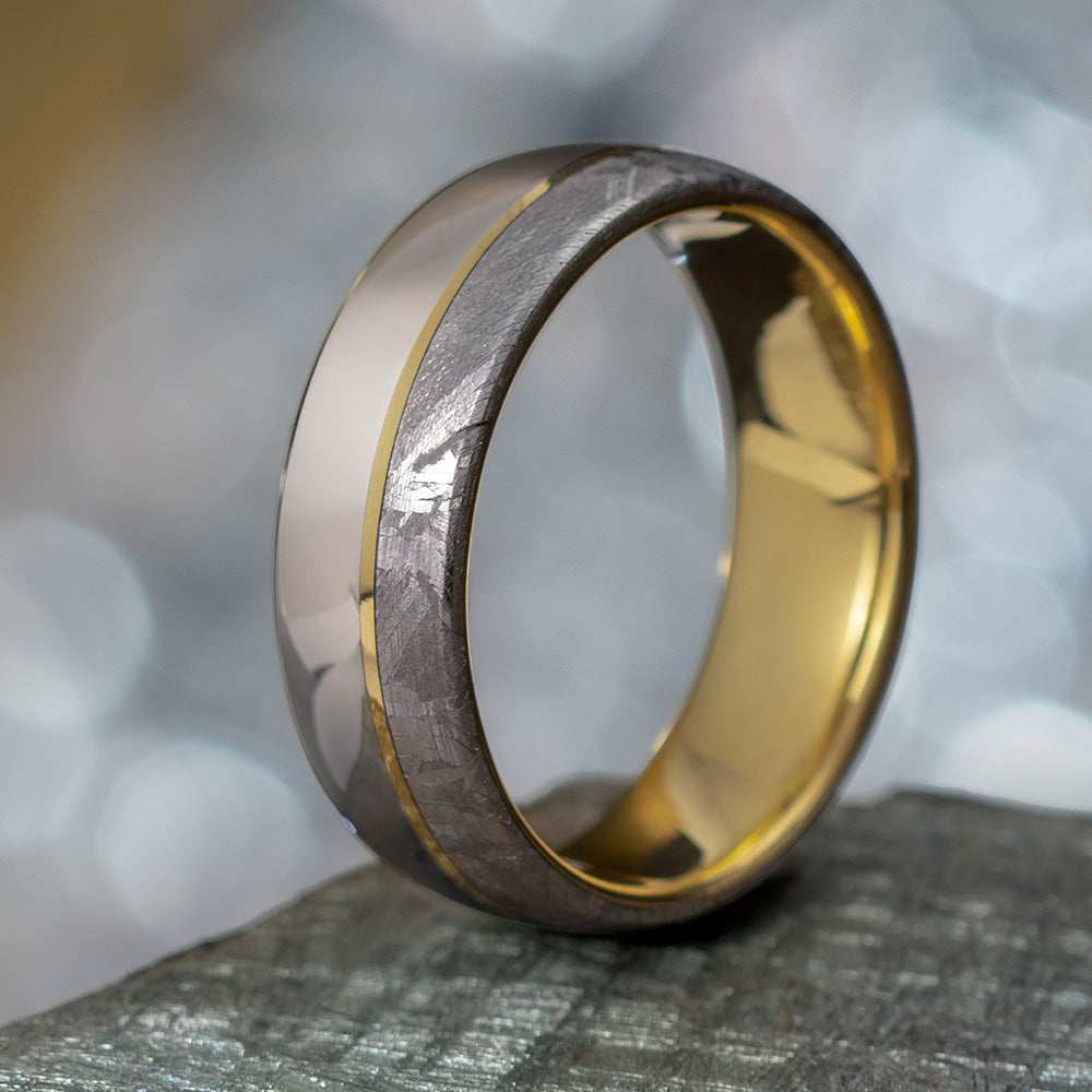 Meteorite Ring with Yellow Gold Pinstripe