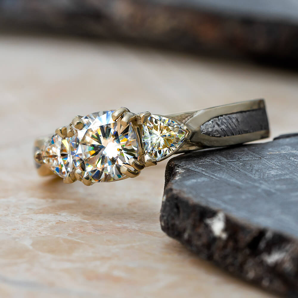 Three Stone Engagement Ring with Meteorite