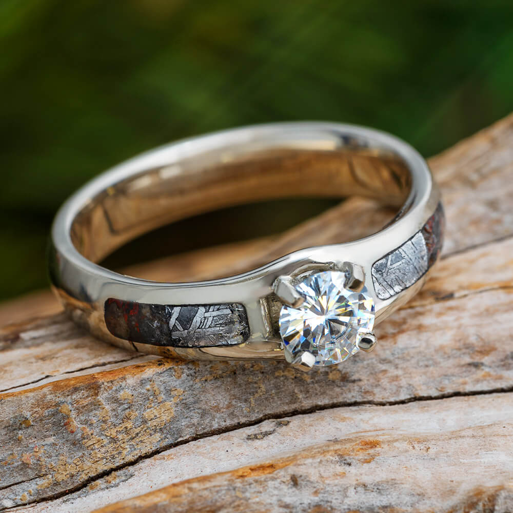 Solitaire Moissanite Engagement Ring with Meteorite and Dinosaur Bone-3968 - Jewelry by Johan