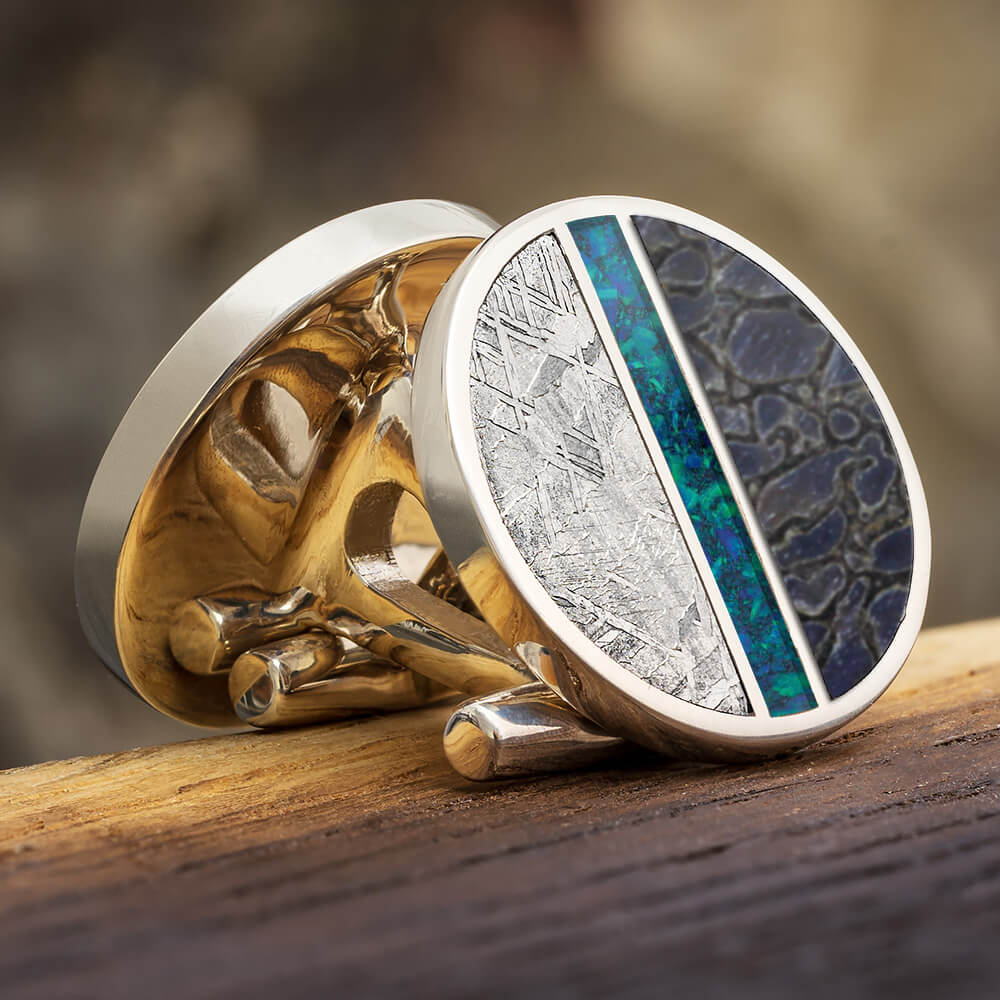 Dinosaur Bone & Meteorite Cuff Links with Opal