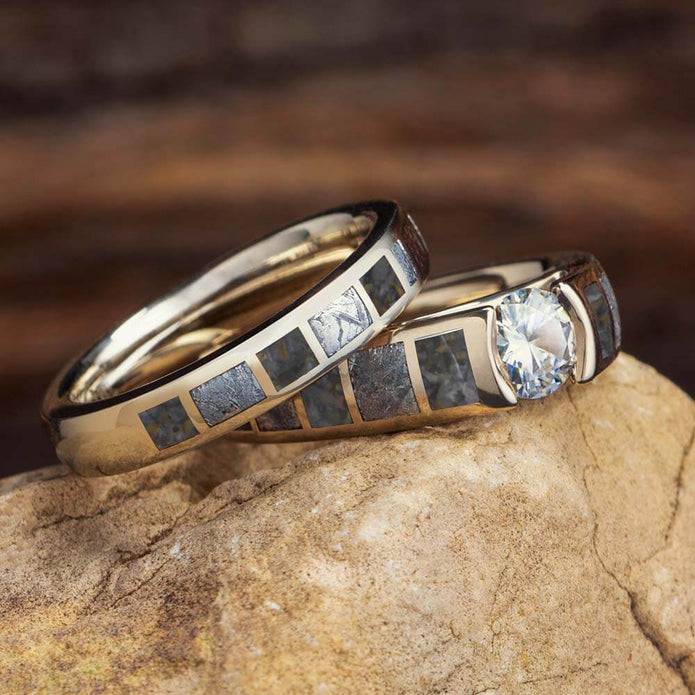 Yellow Gold Meteorite and Dino Bone Wedding Ring Set