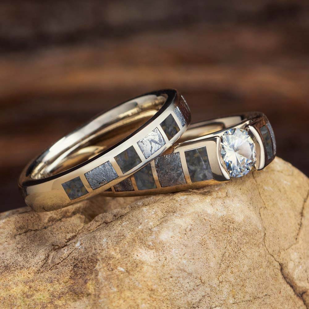 Yellow Gold Meteorite and Dino Bone Wedding Ring Set