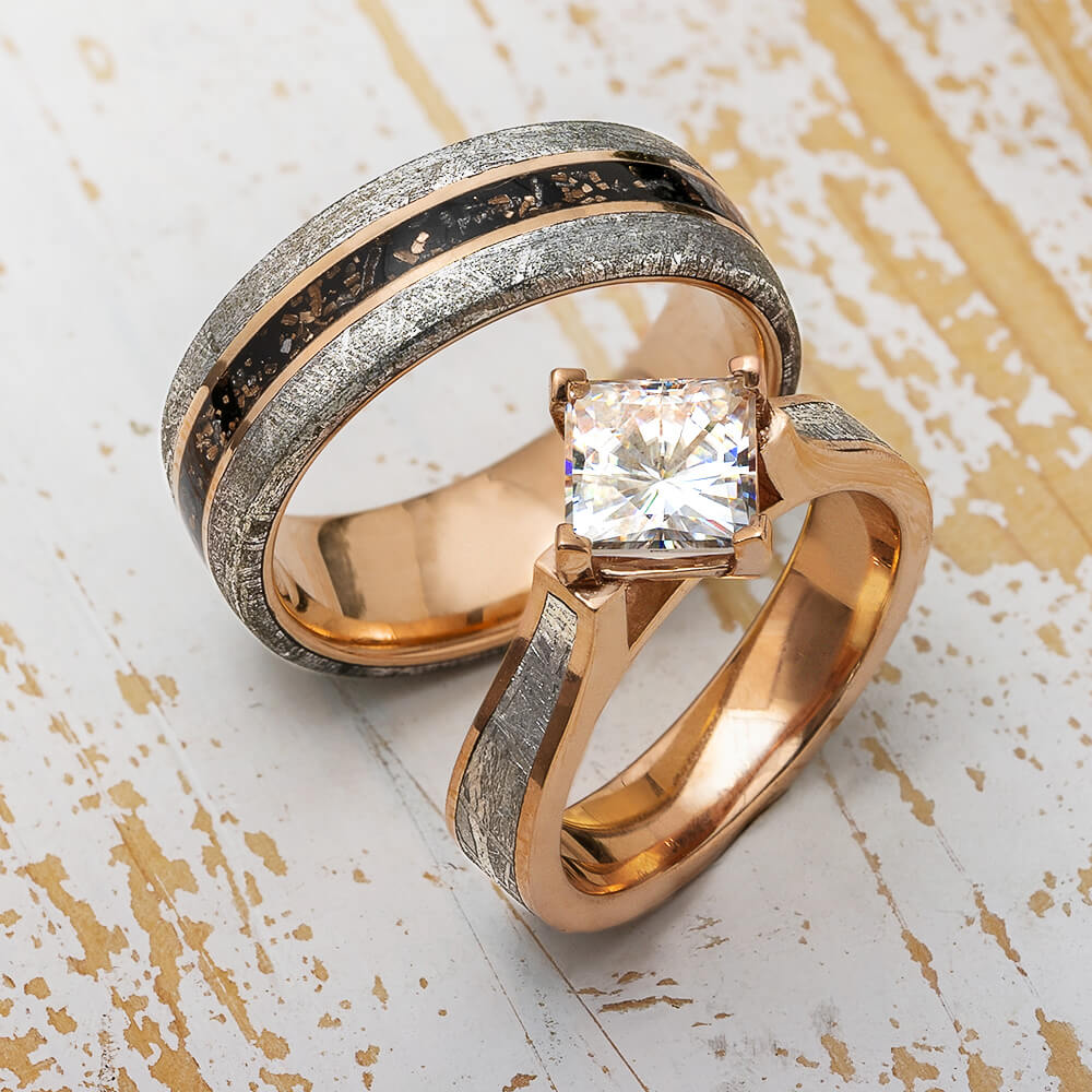 Rose Gold, Meteorite and Stardust His and Hers Wedding Ring Set