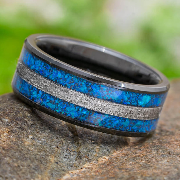 Meteorite and Opal Wedding Band