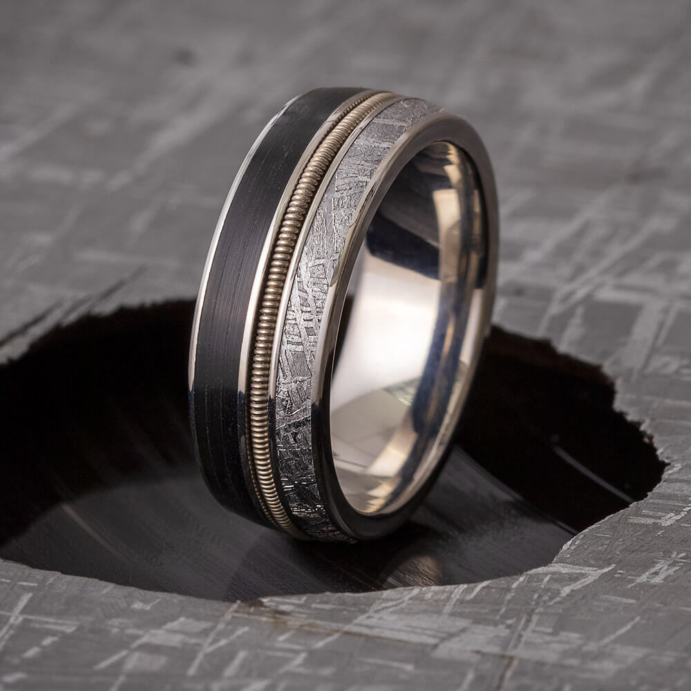Vinyl Record Ring with Guitar String and Meteorite-4047 - Jewelry by Johan