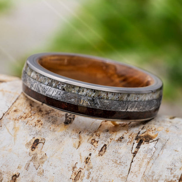 Meteorite and Dinosaur Bone Ring with Antler