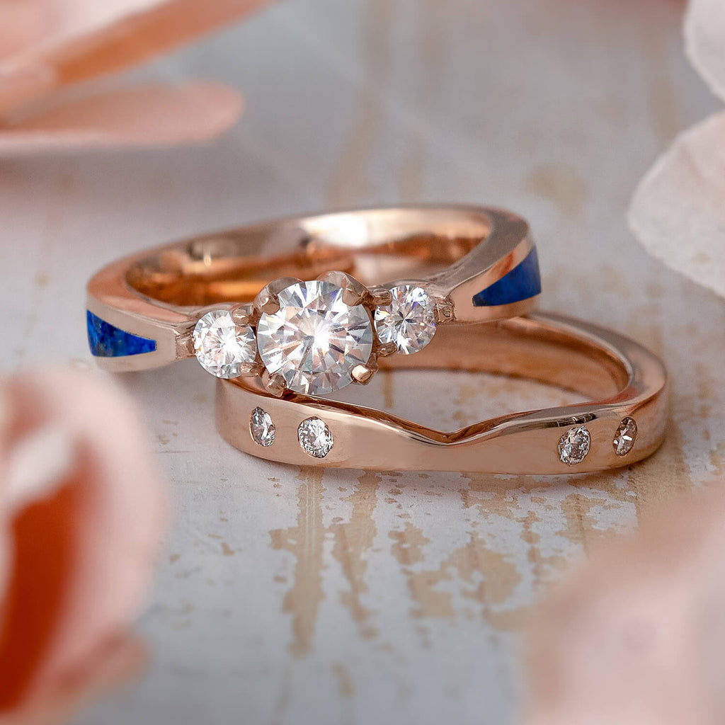 Lapis Lazuli Bridal Set, Three Stone Engagement Ring With Rose Gold Shadow Band