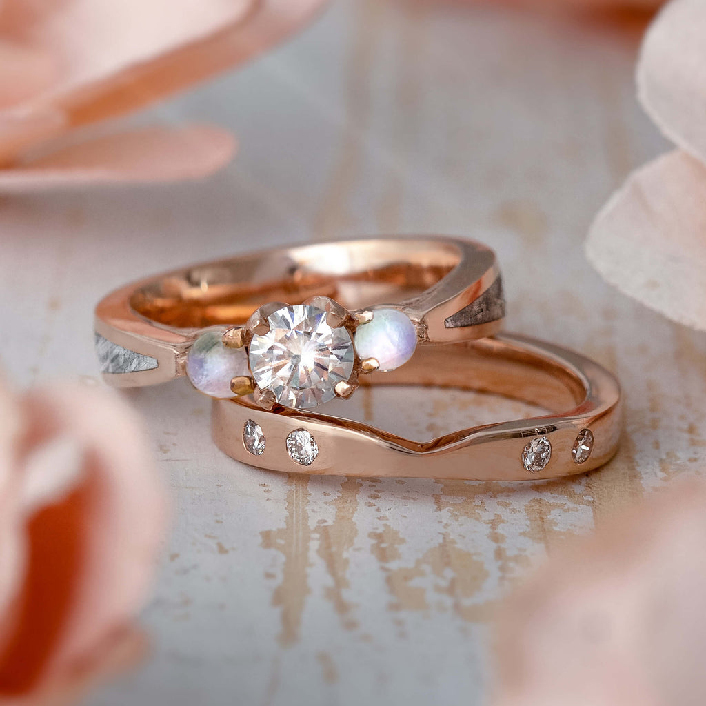 Moonstone Bridal Set, Meteorite Engagement Ring With Rose Gold Shadow Band