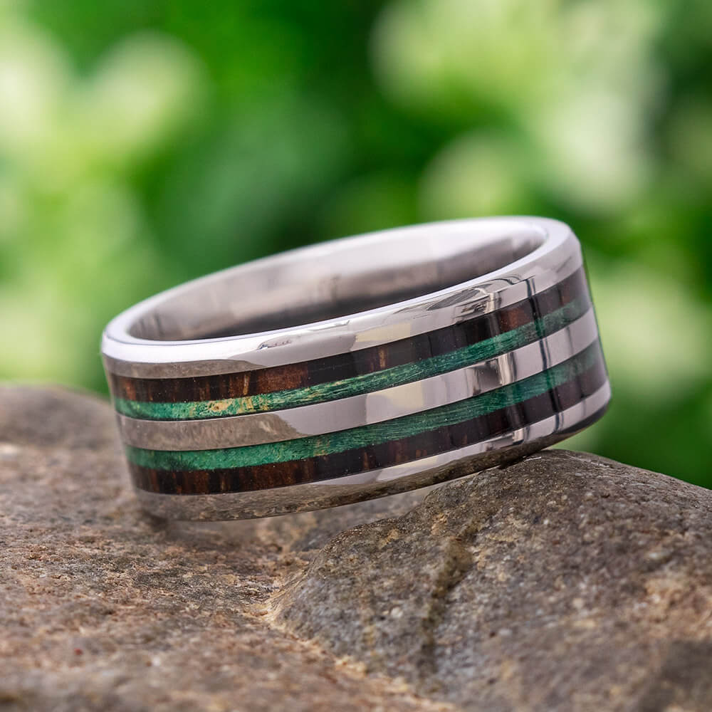 Mahogany Wedding Band with Green Box Elder Wood Burl-4096 - Jewelry by Johan
