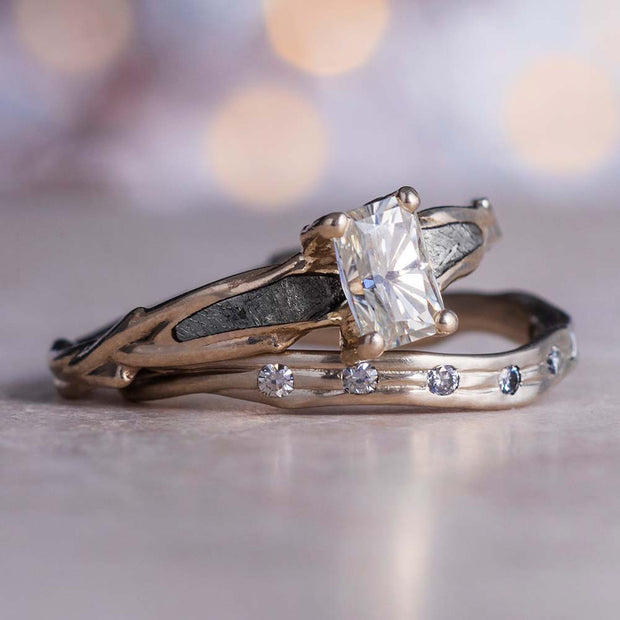 White Gold Meteorite and Moissanite Bridal Set