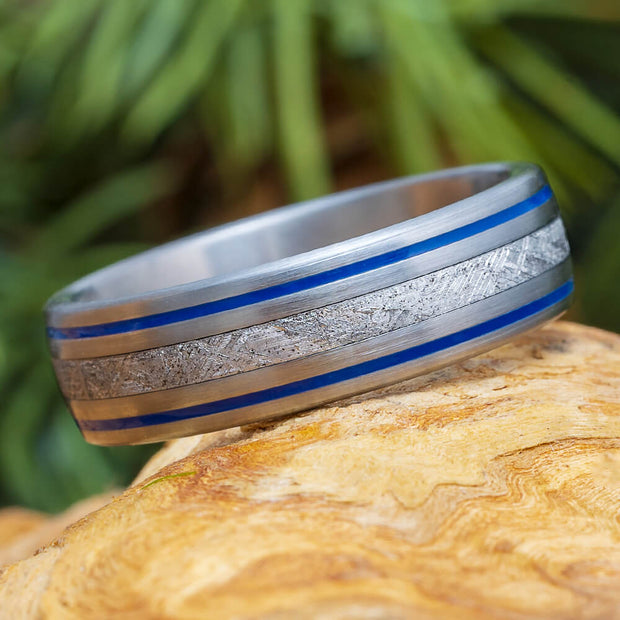Meteorite Ring with Enamel Pinstripes