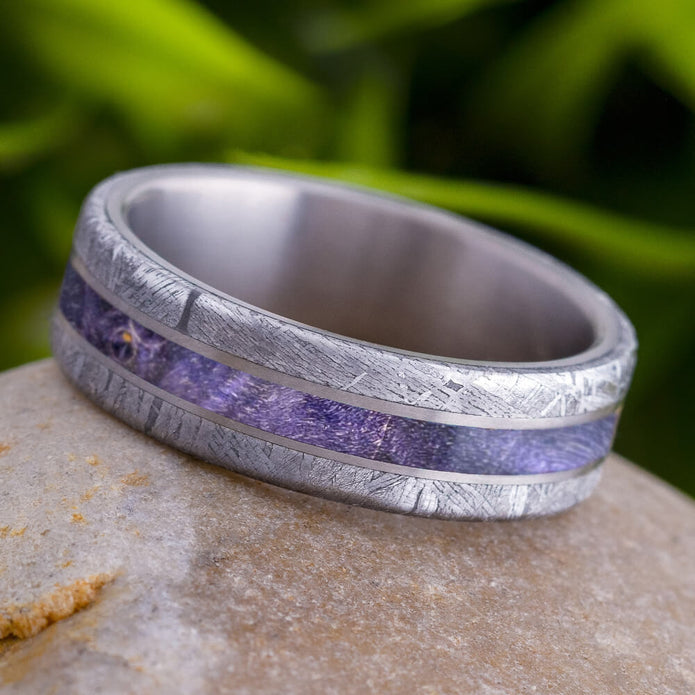Meteorite and Purple Box Elder Burl Wedding Band