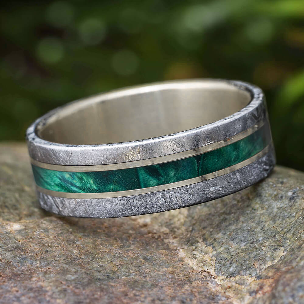 Meteorite and Green Box Elder Burl Wood Wedding Band