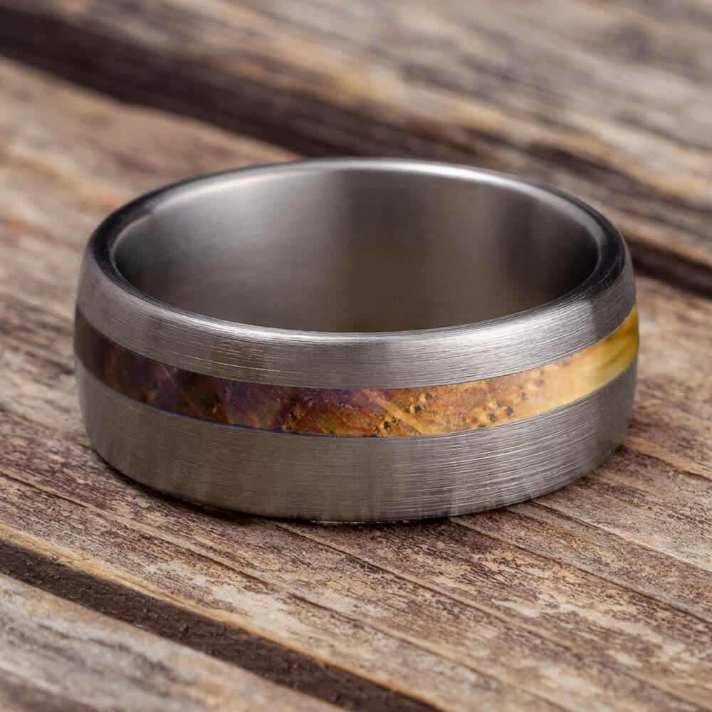 Whiskey Barrel Oak Wood Ring, Brushed Titanium Wedding Band-4226 - Jewelry by Johan