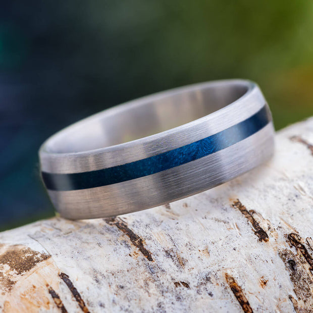 Blue Box Elder Wood Wedding Band With Brushed Titanium-4233 - Jewelry by Johan