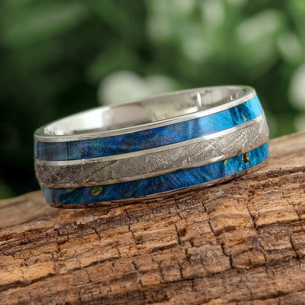 Meteorite and Blue Box Elder Burl Wood Wedding Band