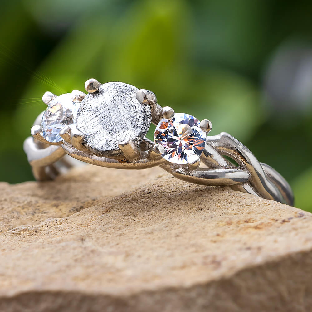 Three Stone Meteorite Engagement Ring, Jewelry by Johan - Jewelry by Johan