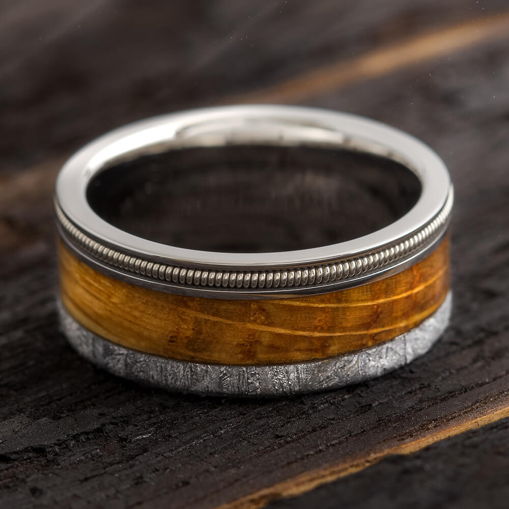 Bass Guitar String Ring with Meteorite and Oak | Jewelry By Johan