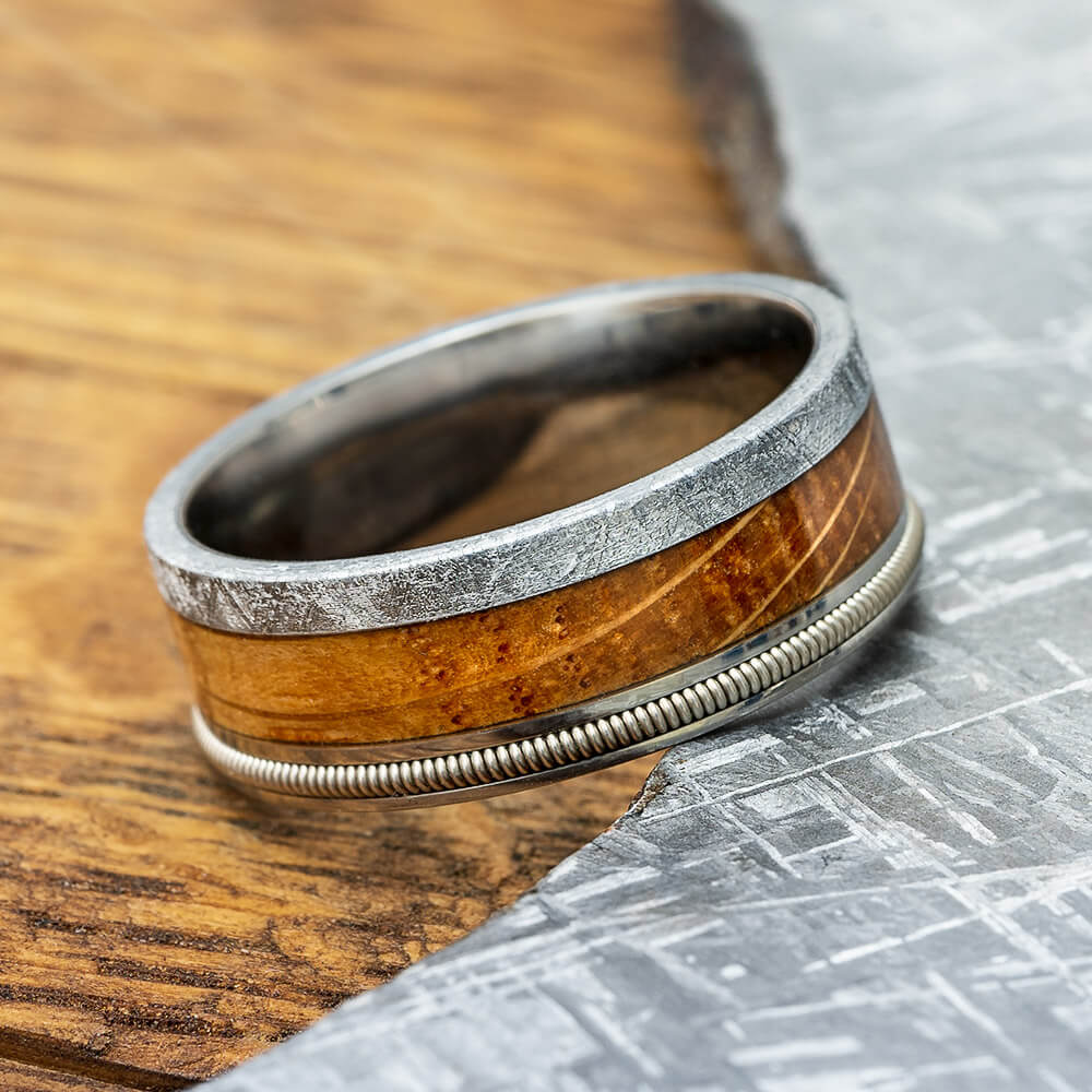 Bass Guitar String Ring with Meteorite and Oak | Jewelry By Johan