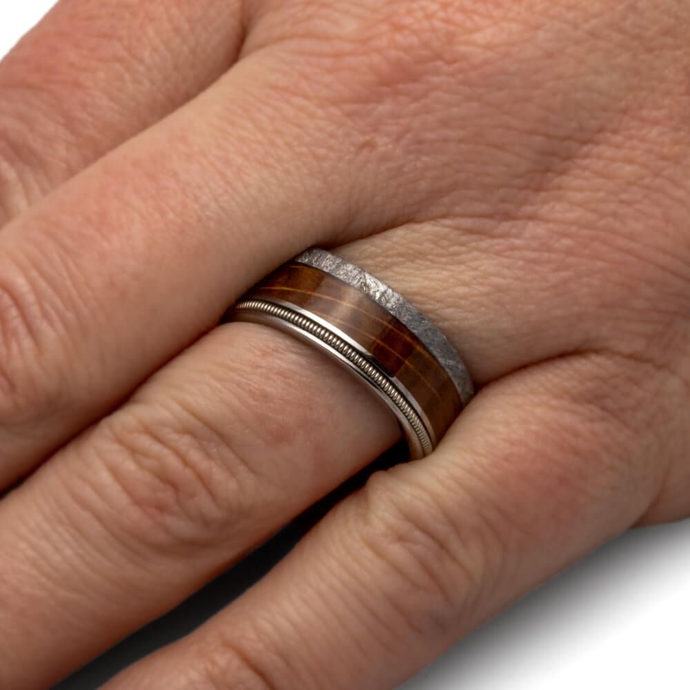 Bass Guitar String Ring With Meteorite And Whiskey Barrel Oak-4312 - Jewelry by Johan