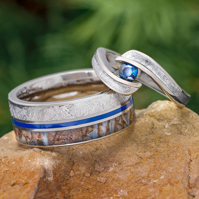 Meteorite Dinosaur Bone Ring Set Unique Wedding Jewelry By Johan