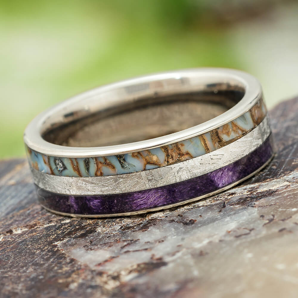Meteorite and Fossil Ring with Purple Wood